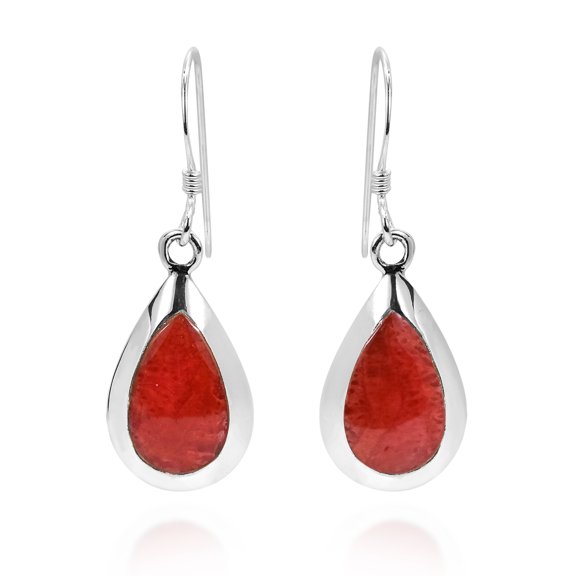 Pretty Synthetic Coral TearDrop .925 Silver Earrings