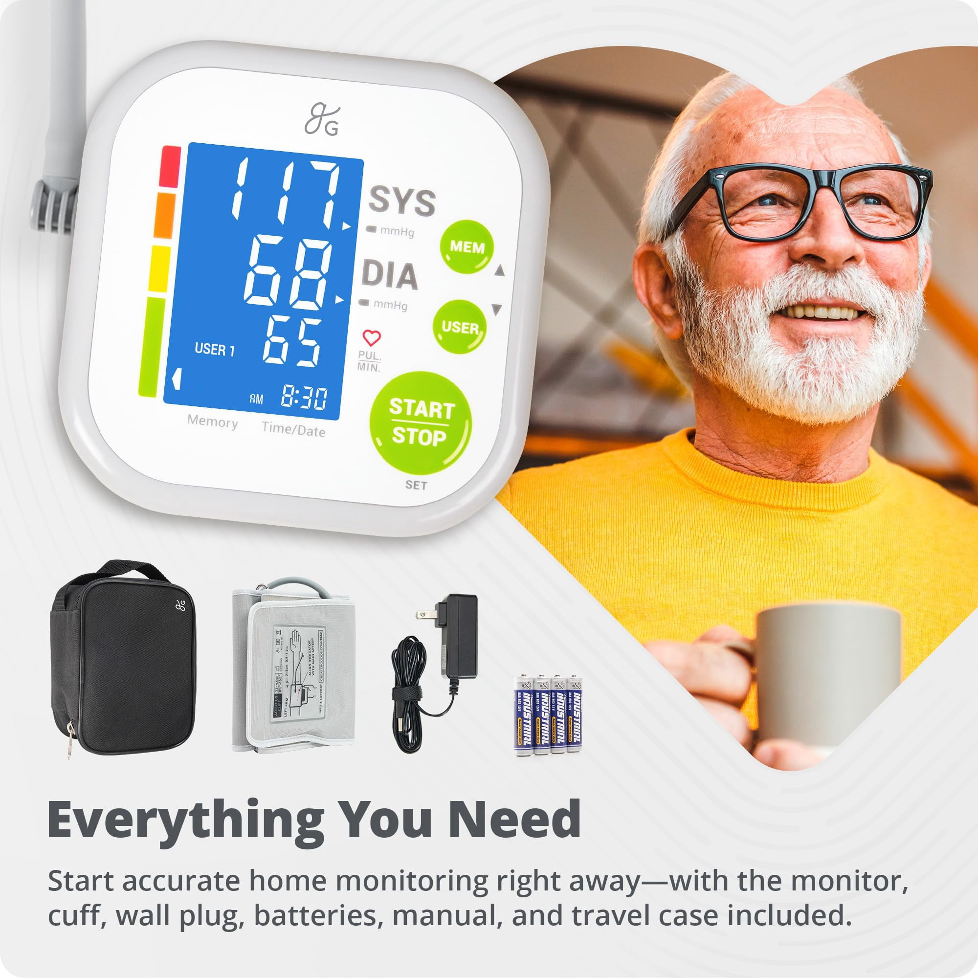 Greater Goods Blood Pressure Monitor Kit for Home Use - Upper Arm Cuff, Wall Adaptor, Large LCD Display