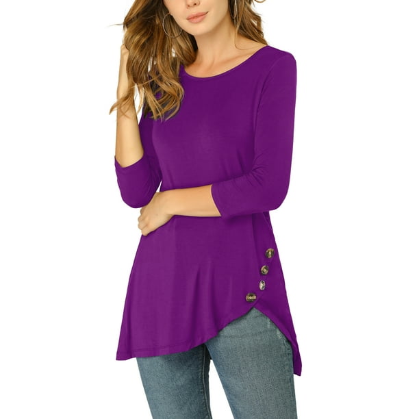 INSPIRAR CHIC Blusas de Mujer Cuello Redondo Manga 3/4 Decoración de Botones Dobladillo Irregular Estilo Casual XS Púrpura