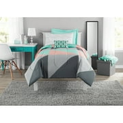 Mainstays Gray and Teal Geometric 6 Piece Bed in a Bag With Sheets, Twin/Twin XL