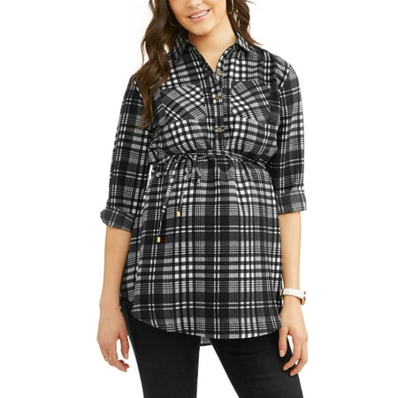 Maternity Woven Long Sleeves Button Front Shirt with Pocket - Available in Plus Sizes