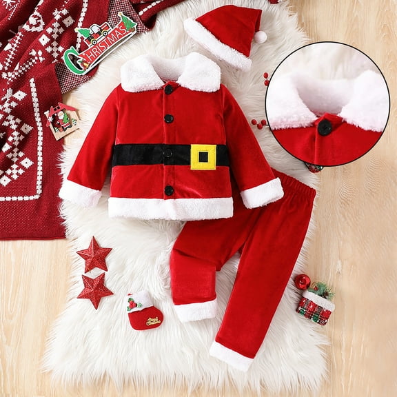 Santa Baby Outfit Long Sleeve Santa Jacket Pants and Hat Set Party Dress Up Infant Boy Christmas Outfit 6-12 Months