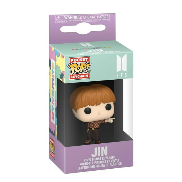 POP KEY CHAIN Figure JIN J-hope JIMIN SUGA Jung Kook Dynamite - V, a 4cm PVC model keychain featuring Jin from BTS. The remastered version comes in a branded box with colorful graphics and BTS logo, ideal as a collectible or travel accessory. Suitable for ages 14+.