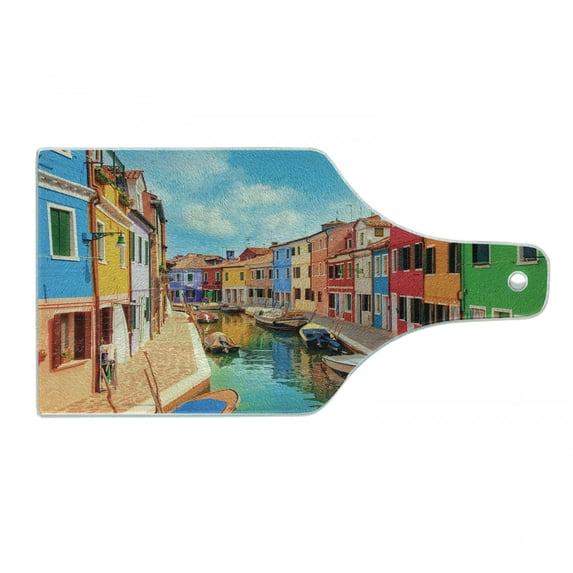 Venice Cutting Board, Colorful Buildings and Water Canal with Boats Burano Island in the Venetian Lagoon, Tempered Glass Cutting and Serving Board, Wine Bottle Shape, Multicolor, by Ambesonne