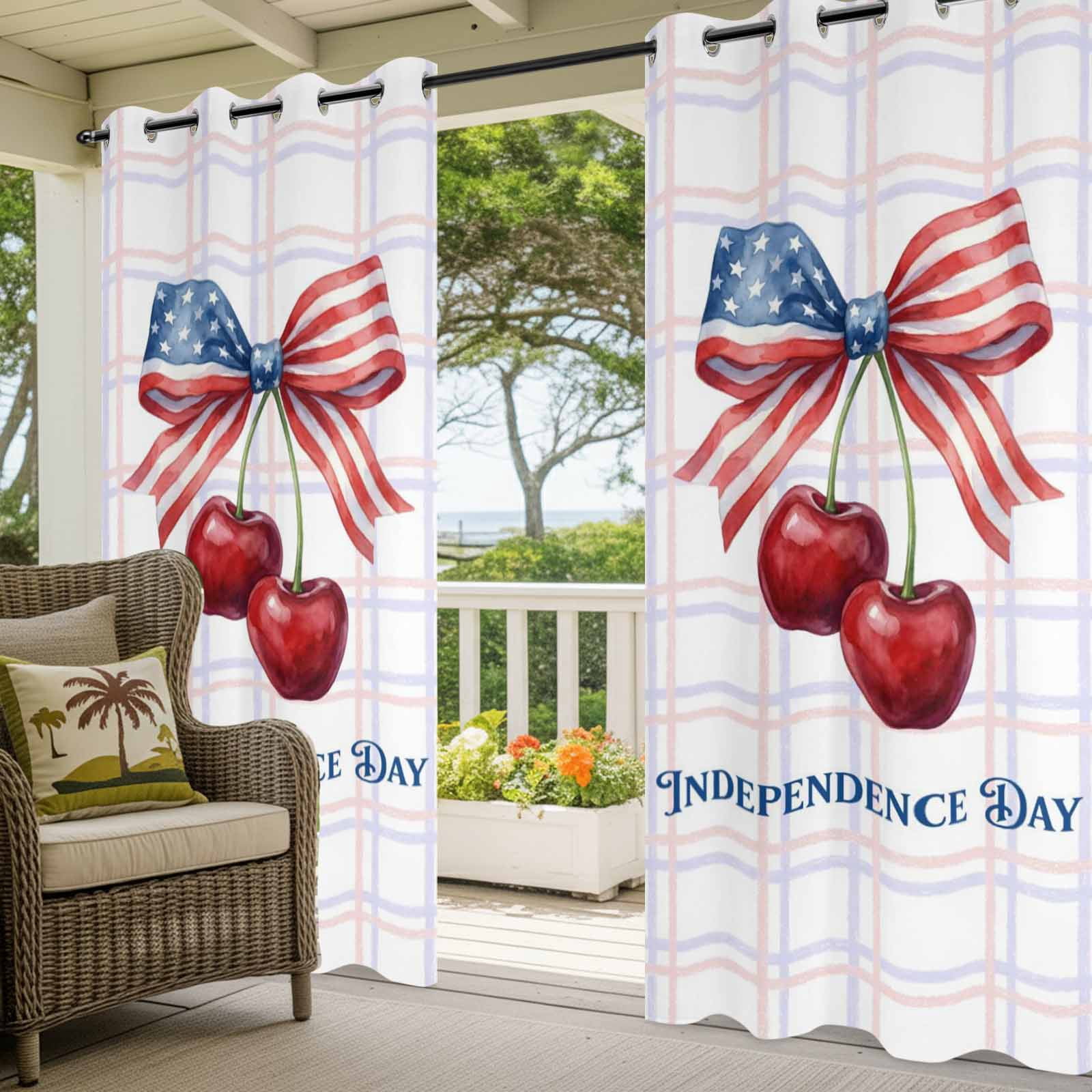 Independence Day Outdoor Curtains for Patio, Red Blue American Flag Bow Cherry Pink Purple Plaid Sunshade Privacy Drapes Grommet Waterproof Outside Curtains for Porch/Cabana/Balcony 54"x108", 2 Panel
