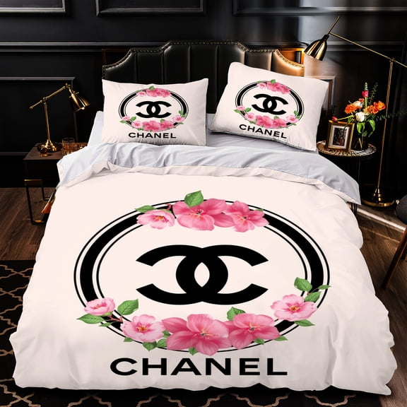 Chic 3-Piece Duvet Cover Set with Large Black & Pink Surrounded by Floral Design Elegant Bedroom Decor