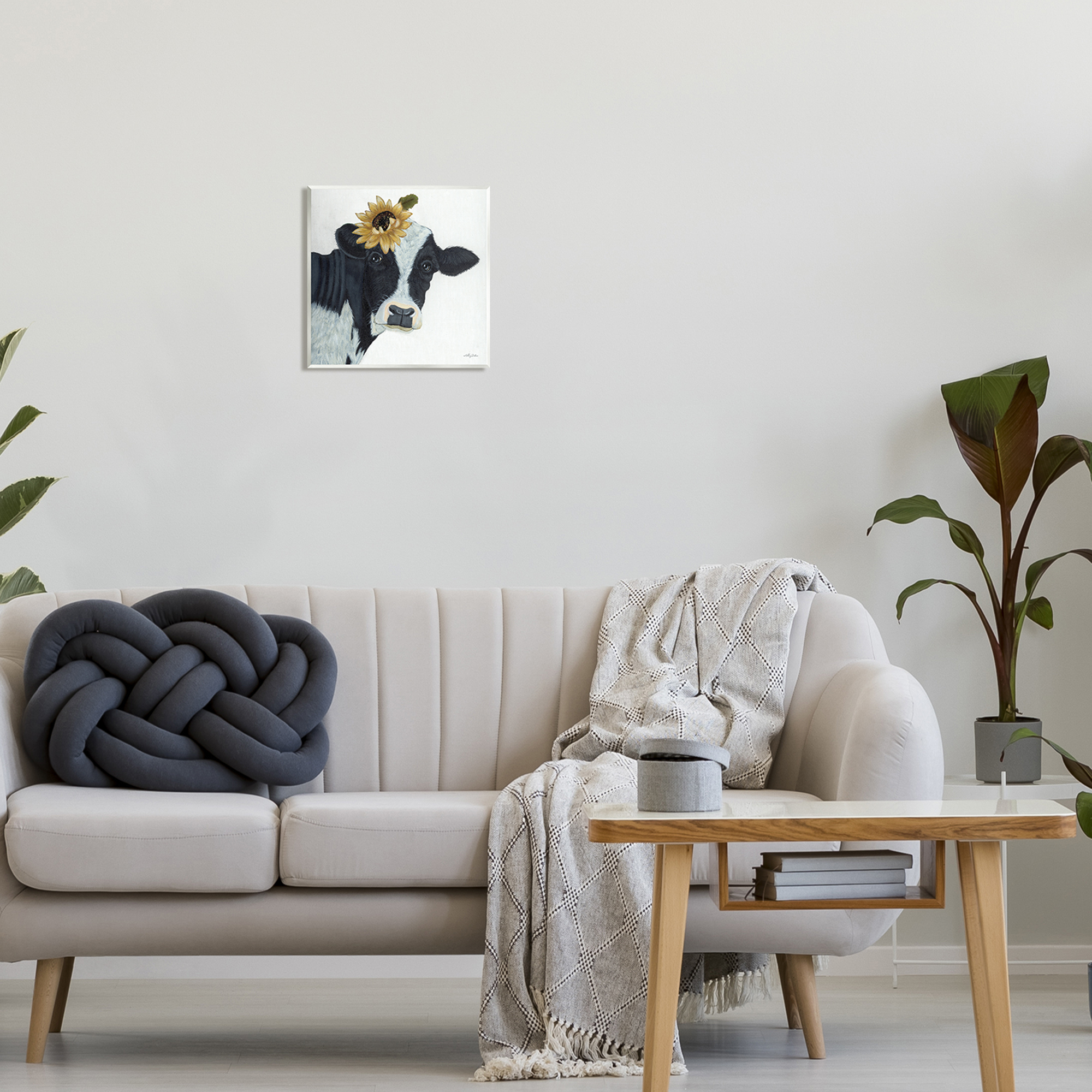 Stupell Cow Portrait Sunflower Blossom Farmhouse Animals & Insects Painting Wall Plaque Unframed Art Print Wall Art
