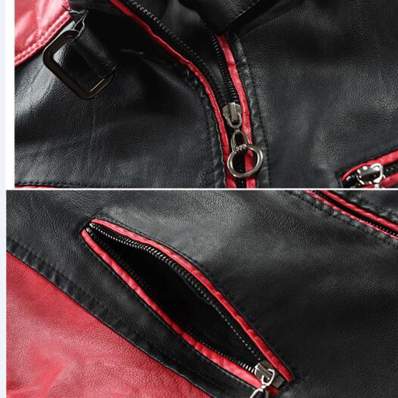 IROINNID Men's Faux Leather Stand Collar Long Sleeve Color Block Leisure Stand Collar Pocket Color Block Jacket