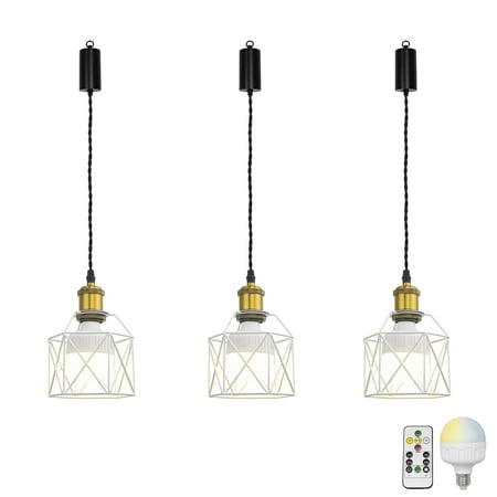 

KAYYELAMP 3-Pack Remote LED Bulb Rechargeable Battery Adjusted Height Hanging Light Dimming Timing Retro Gold Base White Cage Metal Lamp Simple Design for Kitchen Farmhouse