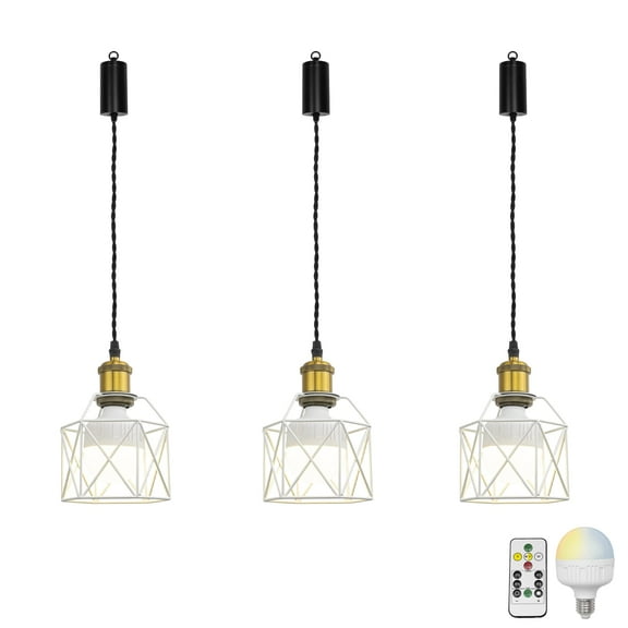 KAYYELAMP 3-Pack Remote LED Bulb Rechargeable Battery Adjusted Height Hanging Light Dimming Timing Retro Gold Base White Cage Metal Lamp Simple Design for Kitchen Farmhouse
