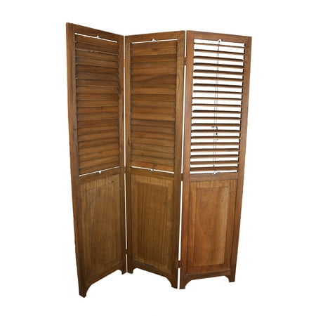 - 3 Panel Solid Wood Screen Room Divider with Adjustable Shutters on Top Half, Walnut Brown Color By Legacy Decor