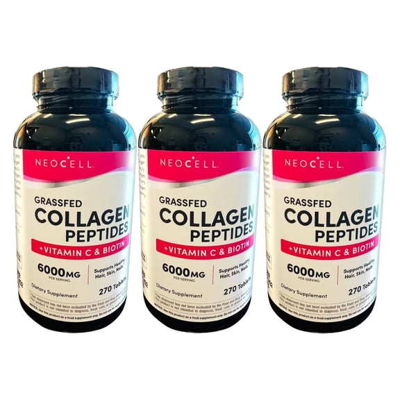 NeoCell Super Collagen Peptides Vitamin C & Biotin, 3g Collagen Per Serving, Gluten Free, Promotes Healthy Hair, Beautiful Skin, and Nail Support, Dietary Supplement, 270 Tablets, 3 Packs