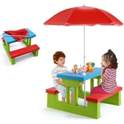 MAT EXPERT Kids Picnic Table, Plastic Toddler Picnic Table & Chair Set w/Removable & Foldable & Height-Adjustable Umbrella, Children Patio Furniture, Kids Outdoor Table for Garden Backyard (Red)