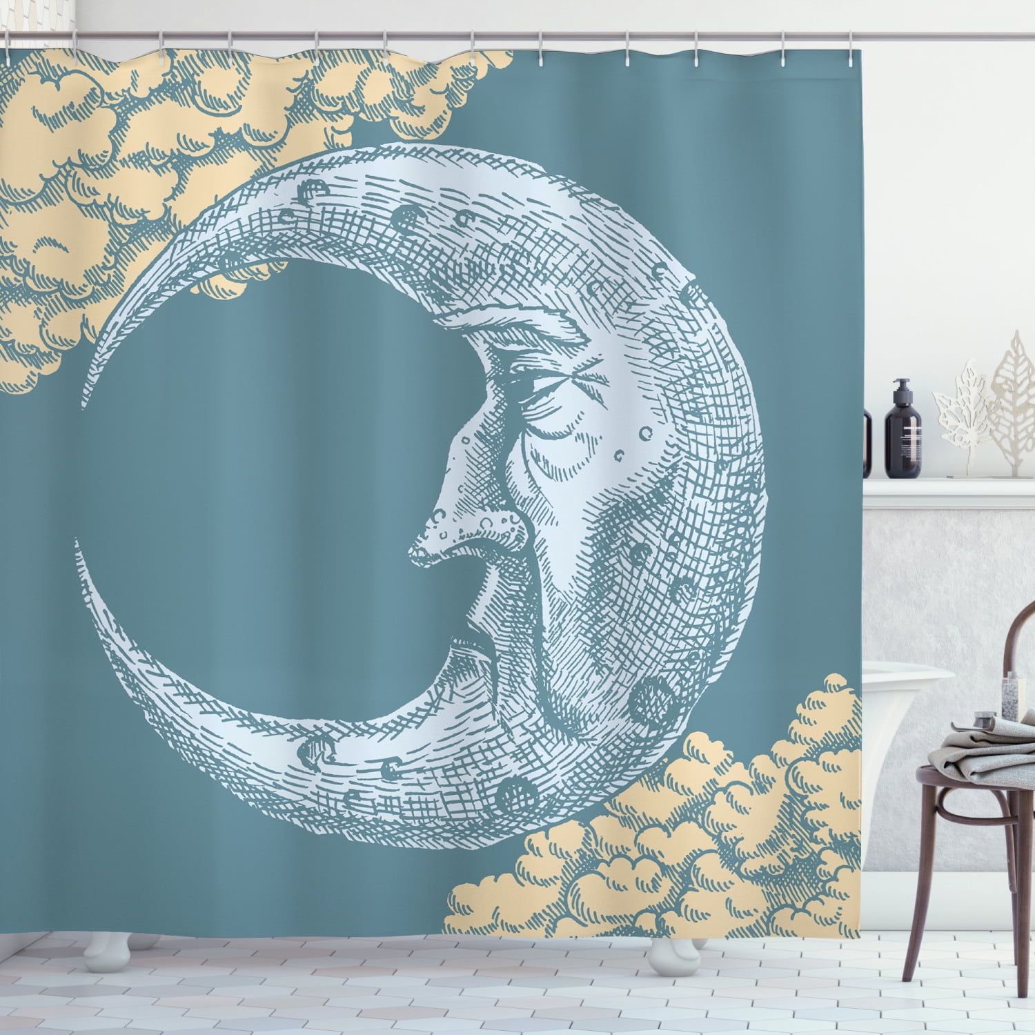 Moon Shower Curtain, Vintage Crescent Moon with Grumpy Facial