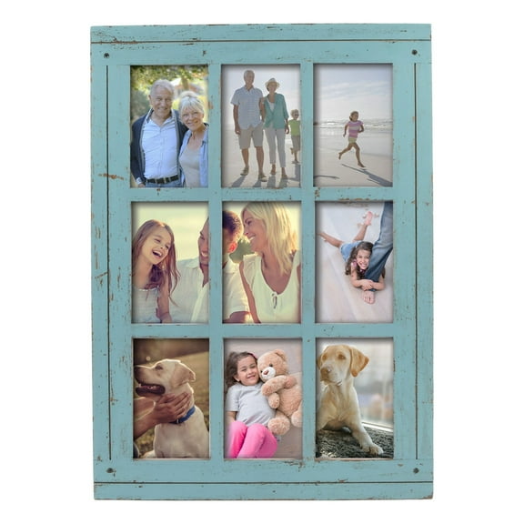 Prinz Homestead Antique Blue 9-Opening Collage Picture Frame, for 4x6 Photos, Wall Display