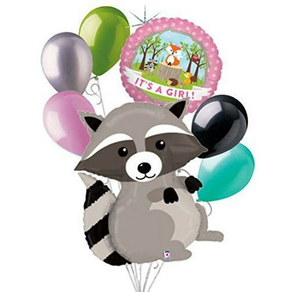 7 pc Woodland Raccoon It's a Baby Girl Animals Balloon Bouquet Party Decoration