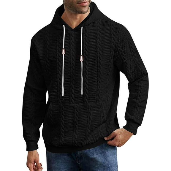 dGslk Men’s Casual Cable Knit Pullover Hoodie Sweatshirt, Soft Lightweight Hooded Top with Front Pocket, Stylish Pink Design Black L