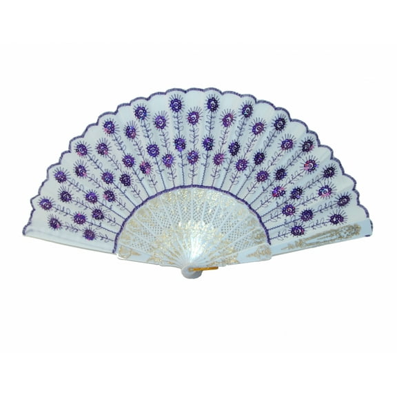 Peacock Pattern Sequin Fabric Hand Fan with White Background-purple