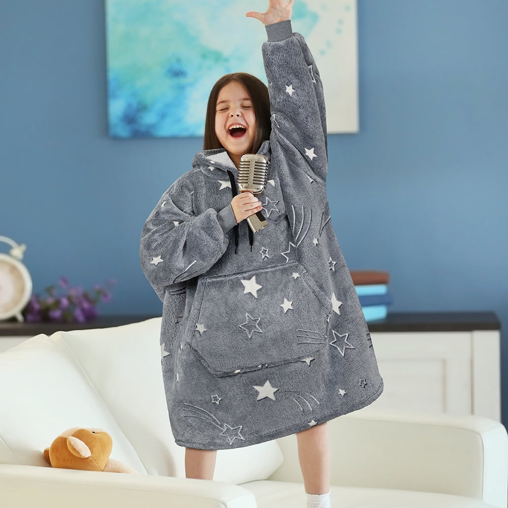 PAVILIA Wearable Blanket Sweatshirt for Kids Boy Girl Glow in the Dark Star, Warm Cozy Giant Blanket Hoodie, Fleece Sherpa Oversized Blanket Sweatshirt with Sleeves, Big Pocket, Christmas Gift