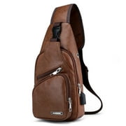 Doqcey Male Leather Sling Chest Pack, USB Hole Travel Crossbody Bag