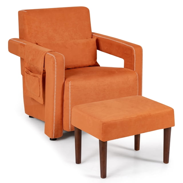 Costway Modern Suede Fabric Single Sofa Chair w/ Ottoman & Waist Pillow Orange