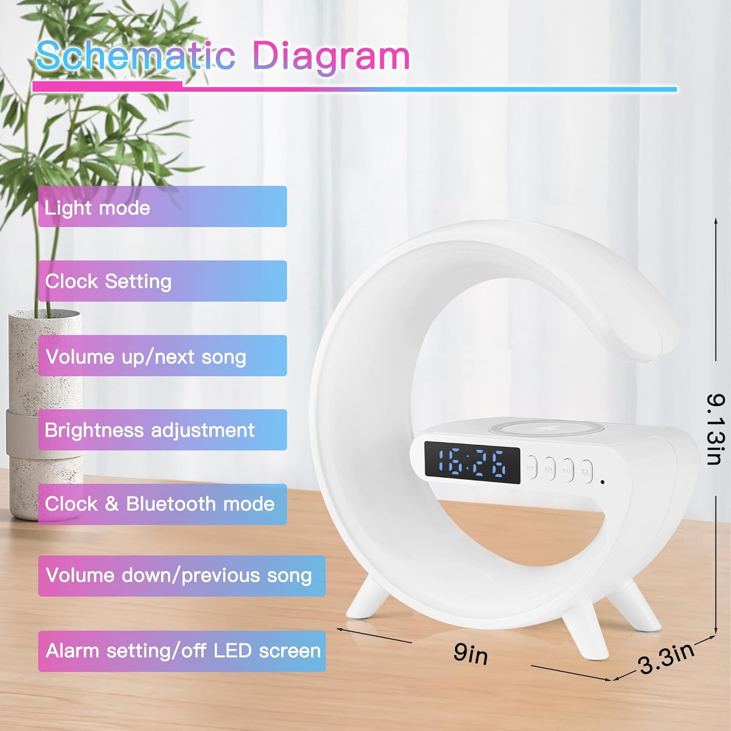Smart LED Table Lamp, 4-in-1 Wireless Charger, Night Light, Alarm Clock, and Bluetooth Speaker with App Control for Bedroom, Office, and Home Decor