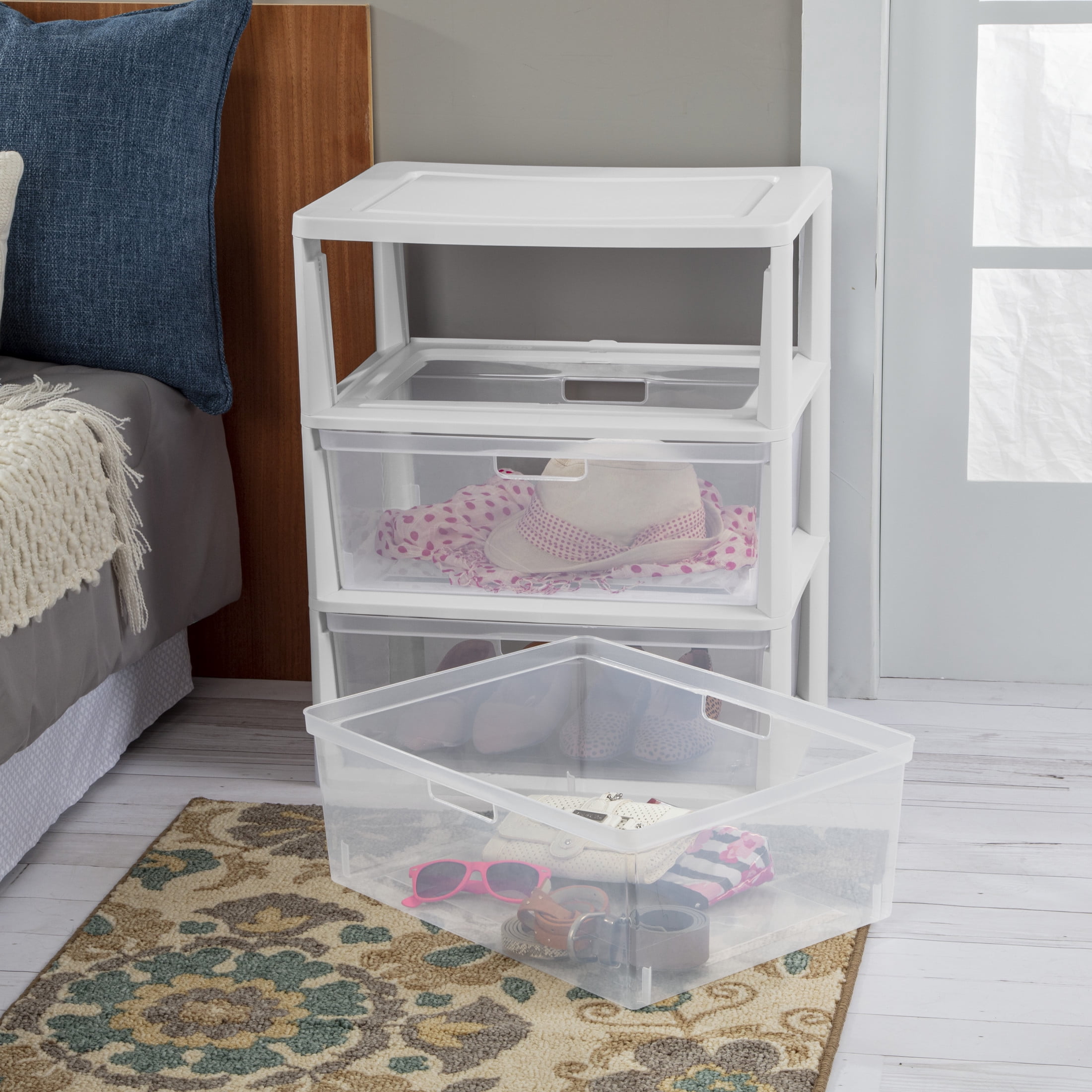 Sterilite Wide 3 Drawer Tower, Plastic Storage Organizer with Removable Clear Bins, Easy to Assemble - No Tools Needed, White