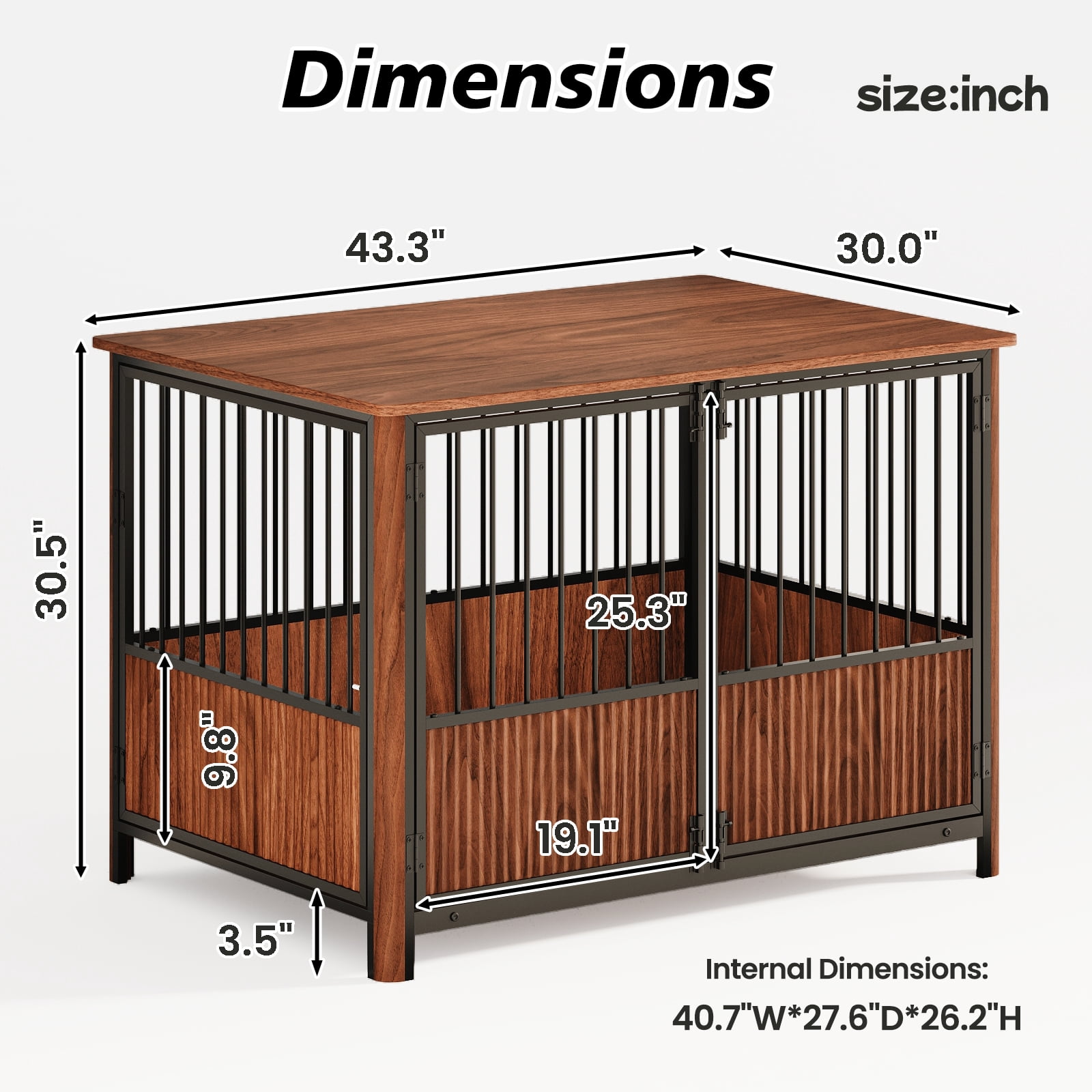 43" Walnut Fluted Furniture Style Dog Crate for Large & Medium Dogs, Decorative Pet House with Double Door, Indoor End Table Side Table Dog Cage
