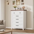 thumbnail image 4 of Commode à 5 Tiroirs pour Chambre, Commode Verticale de 41,3 Po de Hauteur avec Grand Rangement, Coffre de Garde-Robe Autoportant en Bois pour Chambre, Salon, Blanc + Brun, 4 of 7