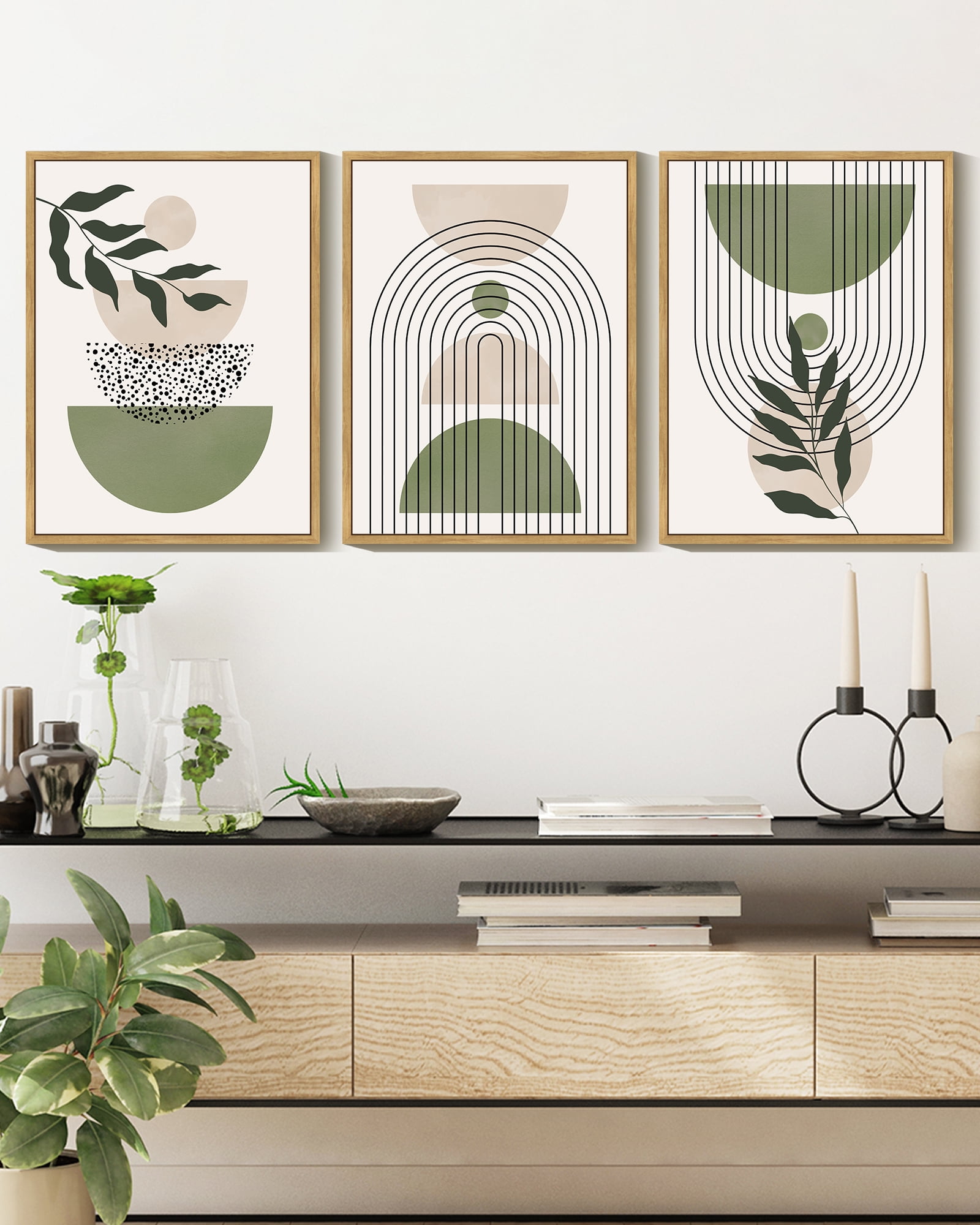 SHENIFY Green Botanical Boho Wall Art Modern Sage Bohemian Wall Decor Abstract Geometry Lines Prints Ready to Hang 11x14in3pcs Natural Framed