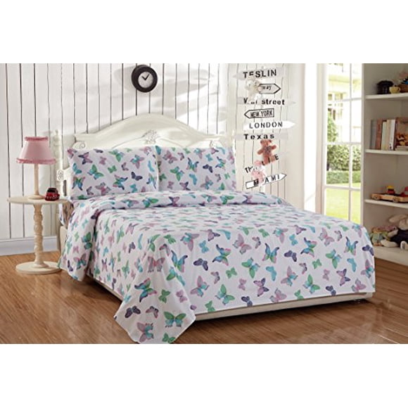 Mk Collection Sheet Set Butterfly Purple Pink Turquoise Green Flowers New (Twin)