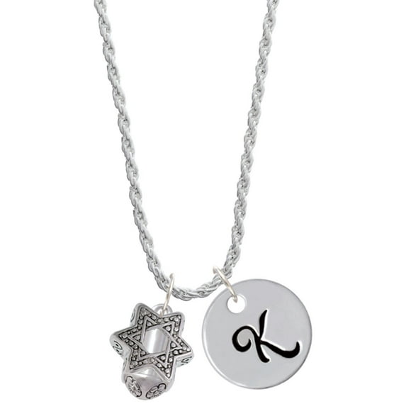 Delight Jewelry Silvertone Star of David Spinner Silvertone Script Initial Disc - K - Charm Necklace, 20"+3"