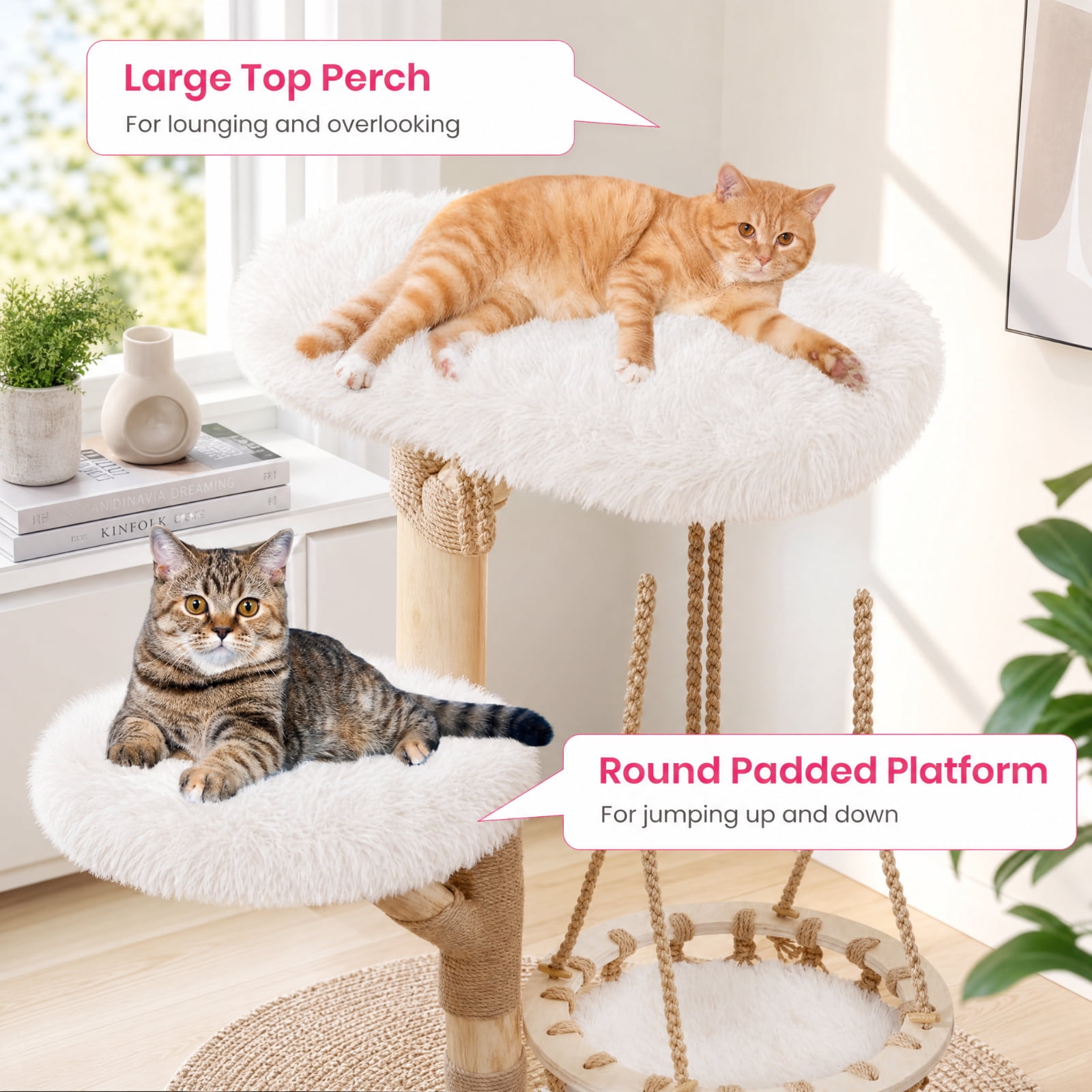SUGIFT 48.5 Inch Solid Wood Cat Tree with Hanging Cradle, Tall Modern Cat Tree Tower for Large Cats with Jute Post and Plush Perch, Natural and White
