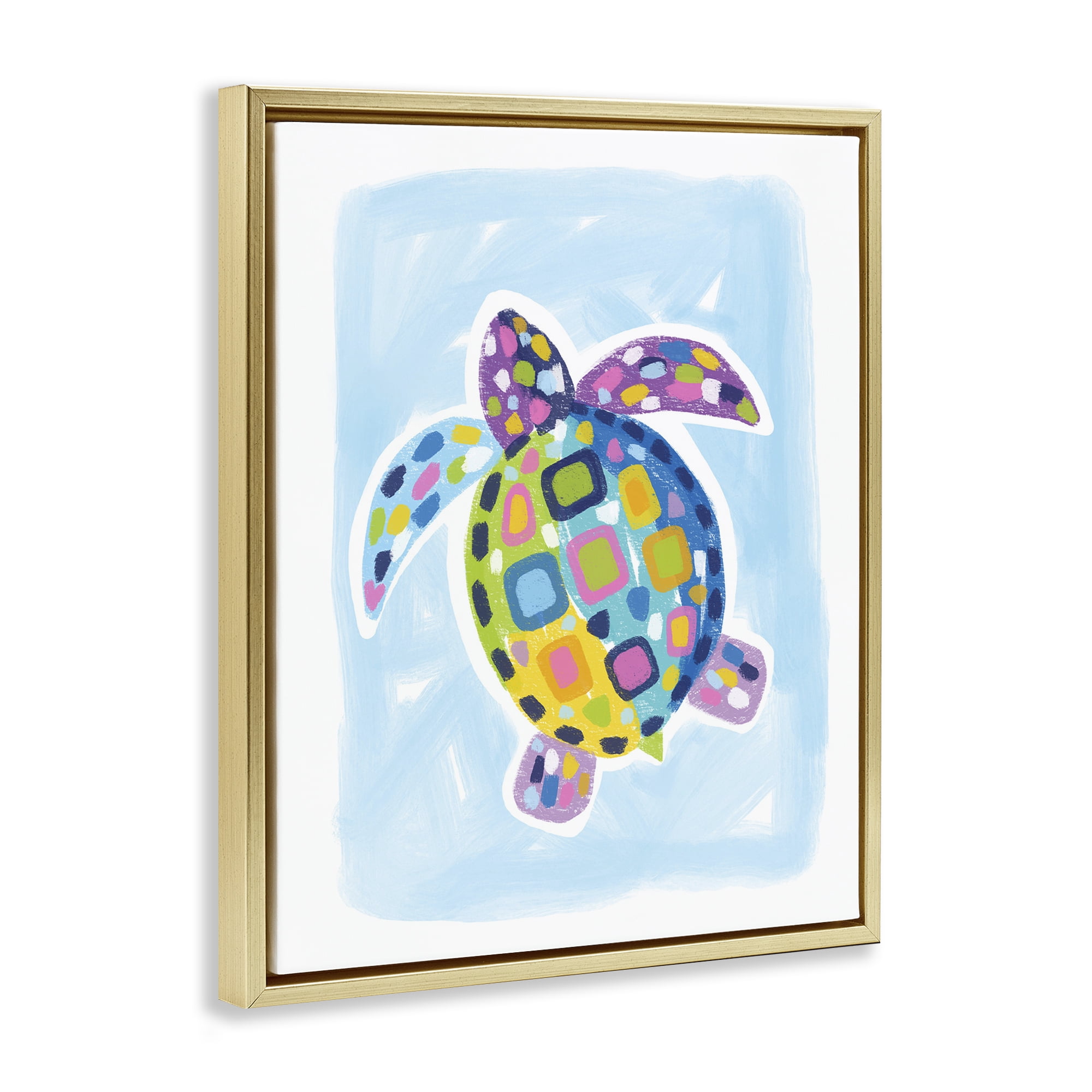 Stupell Industries Mosaic Turtle on Blue Animals & Insects Painting Gold Floater Framed Canvas Art Print Wall Art, 17 x 21