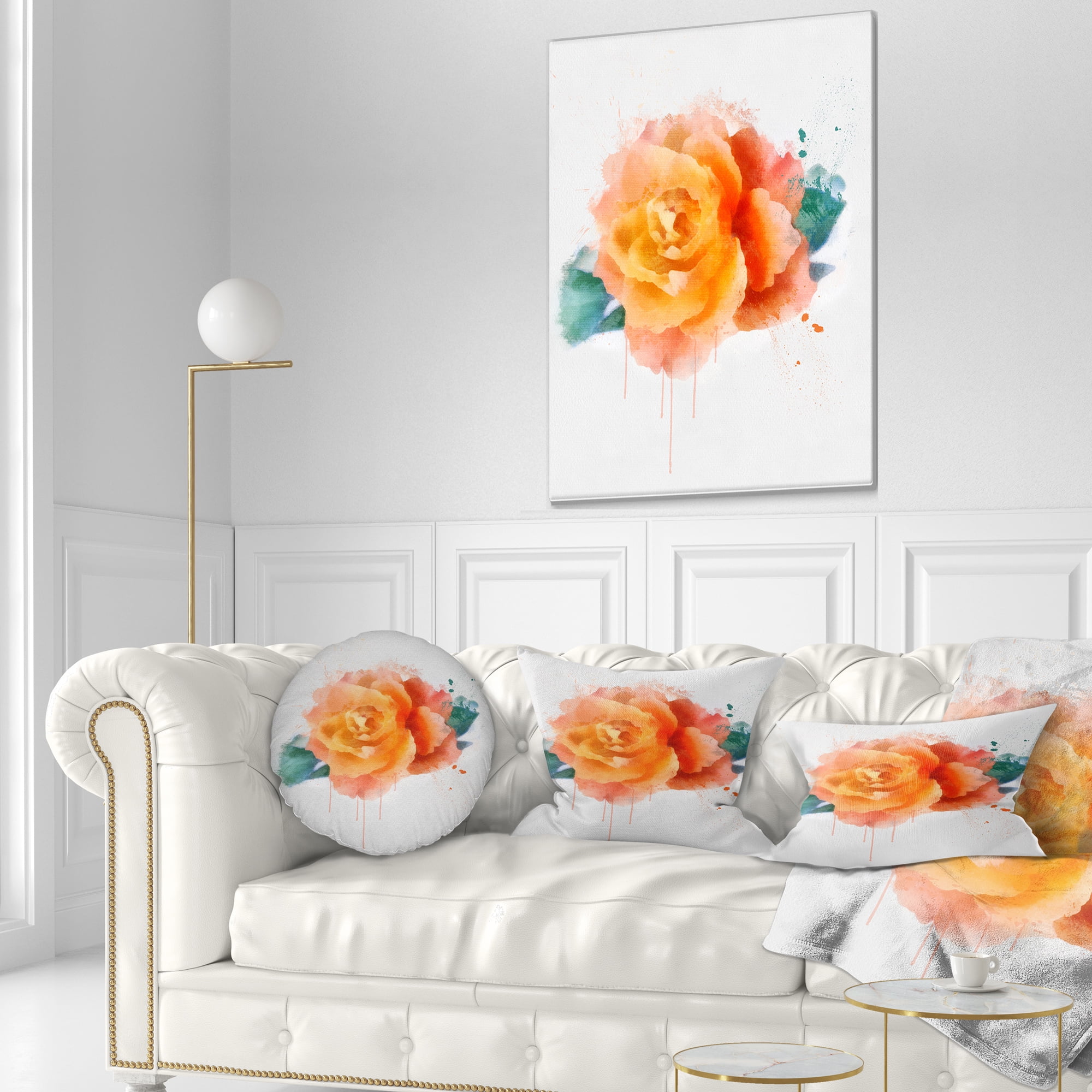Designart Orange Rose with Green Leaves - Floral Throw Pillow - 12x20