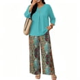 thumbnail image 5 of Vintage Sunflower Sketch Print Two Piece Set for Women, 3/4 Sleeve Button Down Top & Wide Leg Pants - Boho Casual Lounge Outfit with High Waist Trousers Turquoise XL, 5 of 7