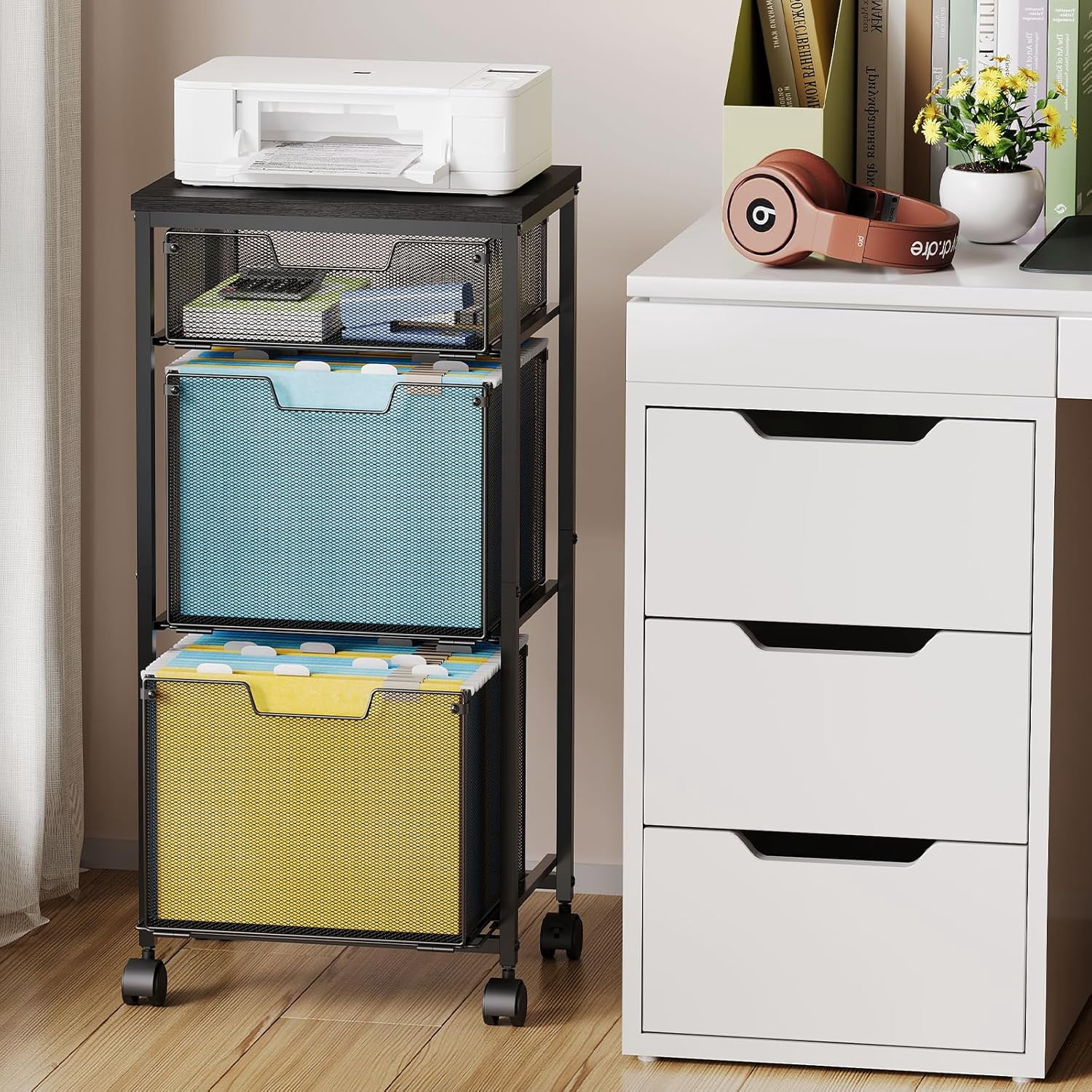 X-COSRACK 3-Drawer Mobile File Cabinet with Mesh Drawers, Wood Top Rolling Printer Stand for Home Office, Letter Size Hanging File Folder Organizer Cart on Lockable Wheels, Black