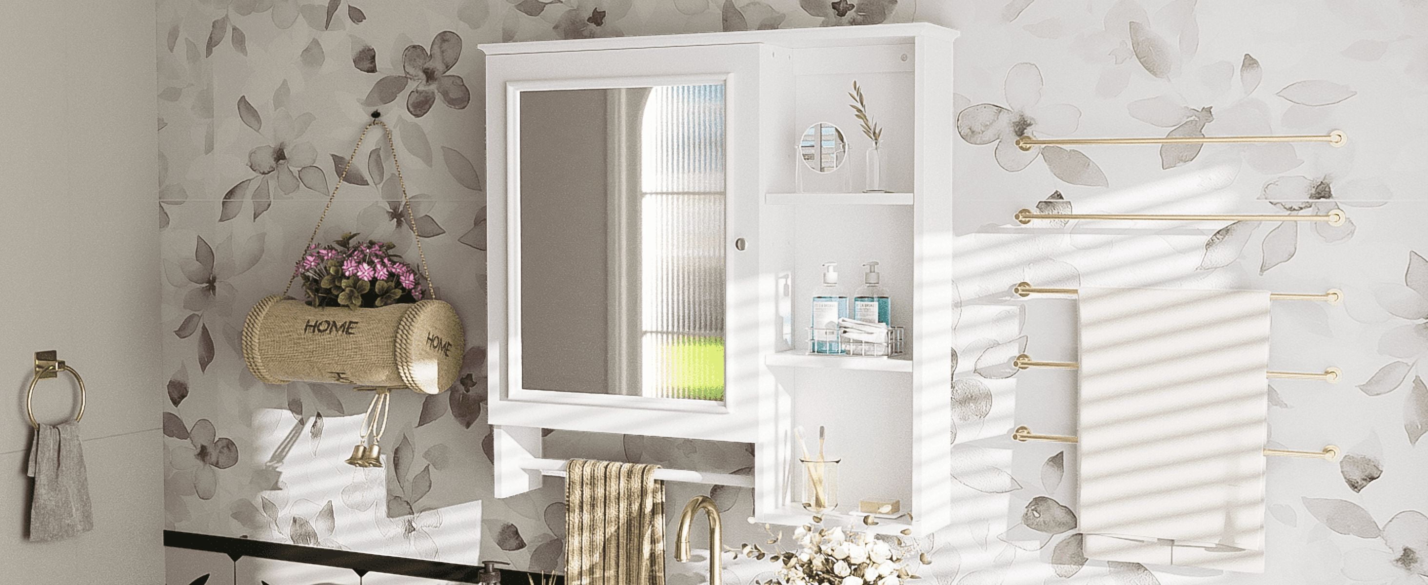 Euroco Wall Mounted Bathroom Storage Cabinet, Medicine Cabinets with large mirror door, adjustable shelves and three open storage levels(Not Include Bathroom Vanity )