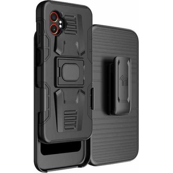 Case with Clip for Galaxy XCover 7 Pro, Nakedcellphone Rugged Ring Grip Cover with Stand [Built-In Mounting Plate] and [Belt Hip Holster] for Samsung XCover7 Pro Phone (2025, SM-G766) - Matte Black