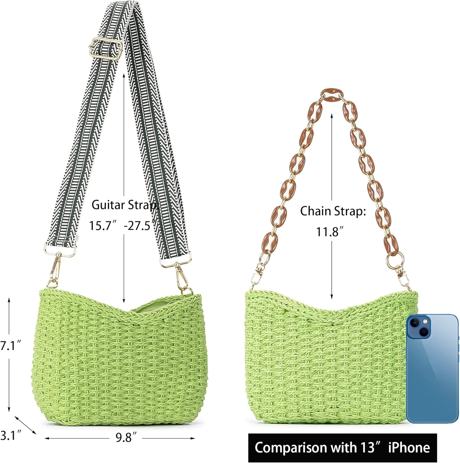 Small Handmade Straw Pocketbook Crossbody Bag for Women, Summer Chic Woven Handbag Shoulder Purse with Chain