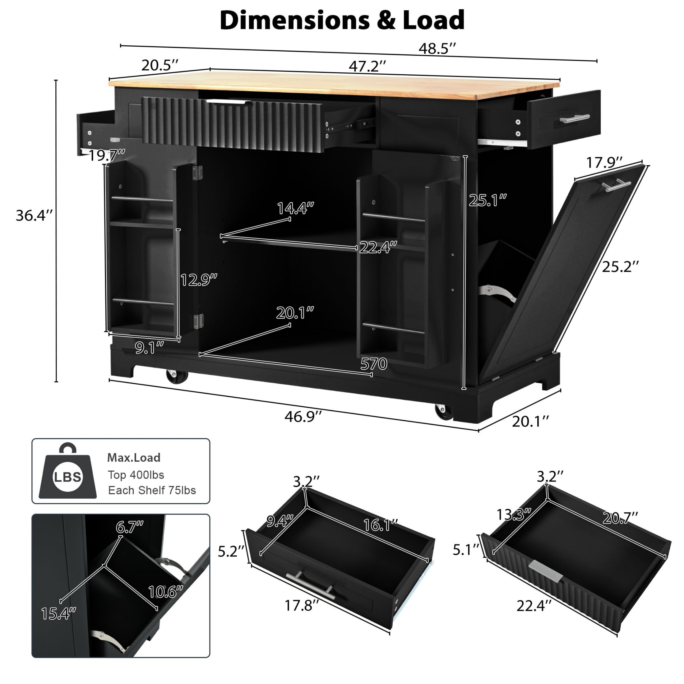 DEALTOPS 47.2'' Kitchen Island With Trash Can and Power Outlet, Rolling Kitchen Storage Cart with Open Shelves, Black