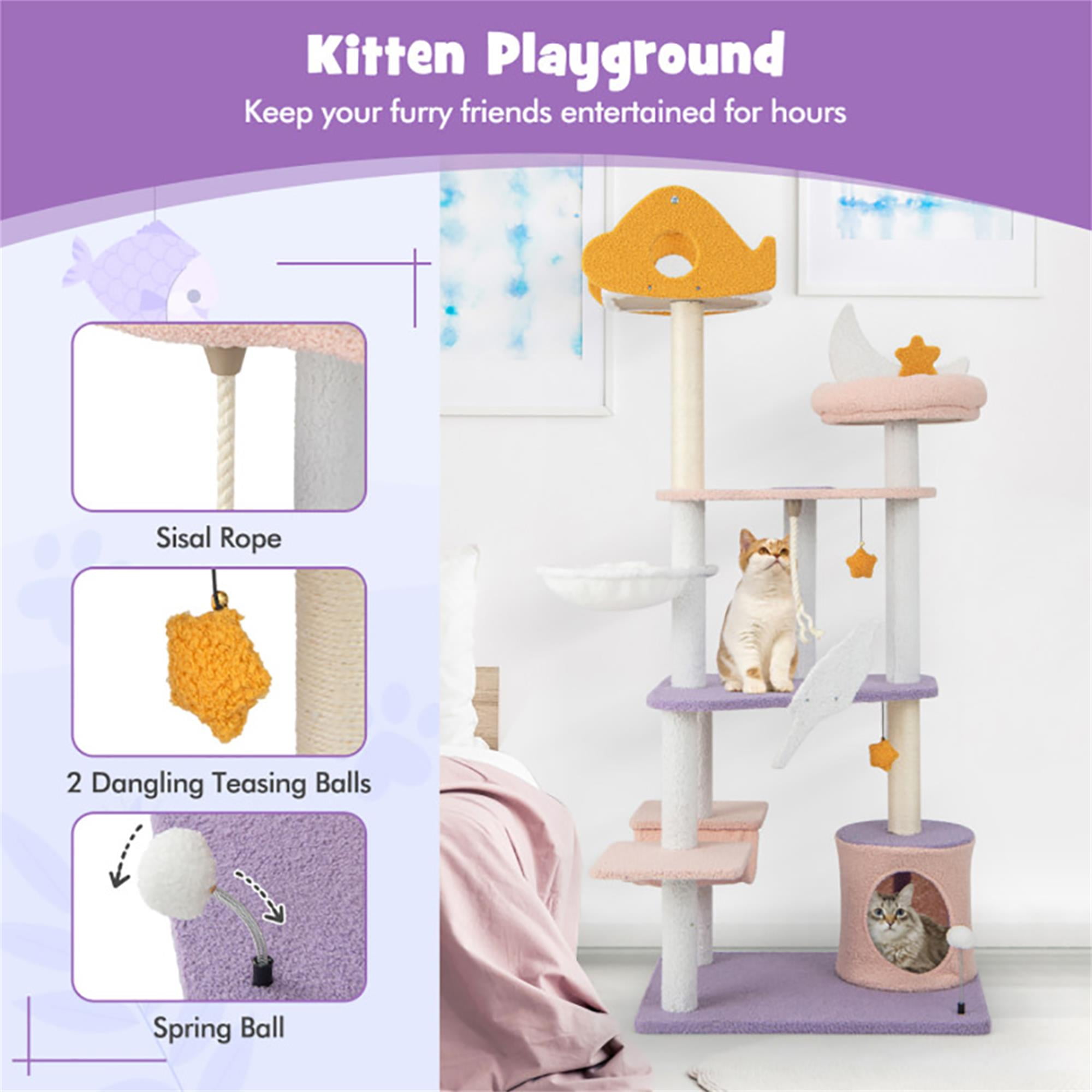 Kadyn 66" Cute Cat Tree Tower for Indoor Cats, Moon and Star Cat Condo with Sisal Scratching Posts, Plush Perches, Kitten Cat Tree Tower Activity Center, Purple