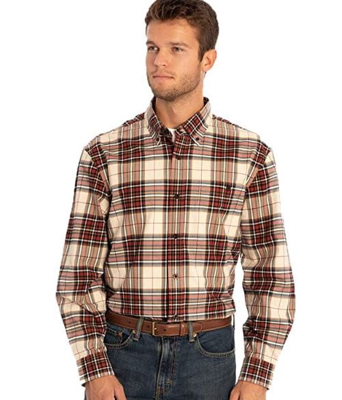 Orvis Men's Classic Buttondown Plaid Long Sleeve Shirt, Khaki Tartan