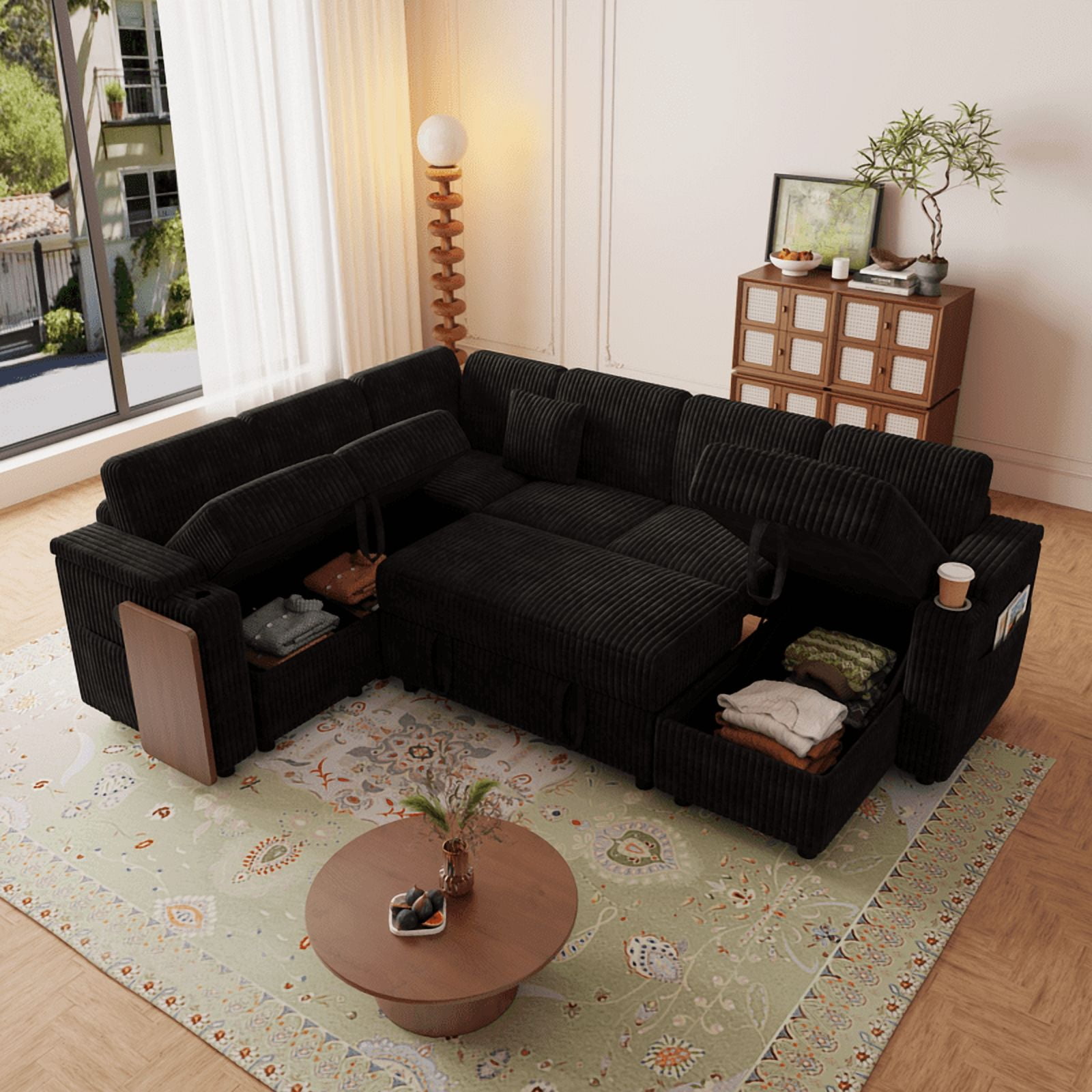 100" U-Shaped Sleeper Sofa with Pull-Out Bed, USB Charging Ports, Cup Holder, Flip-Top Table, Storage Chaise, Corduroy Sectional Couch for Living Room, Apartment & Guest Room