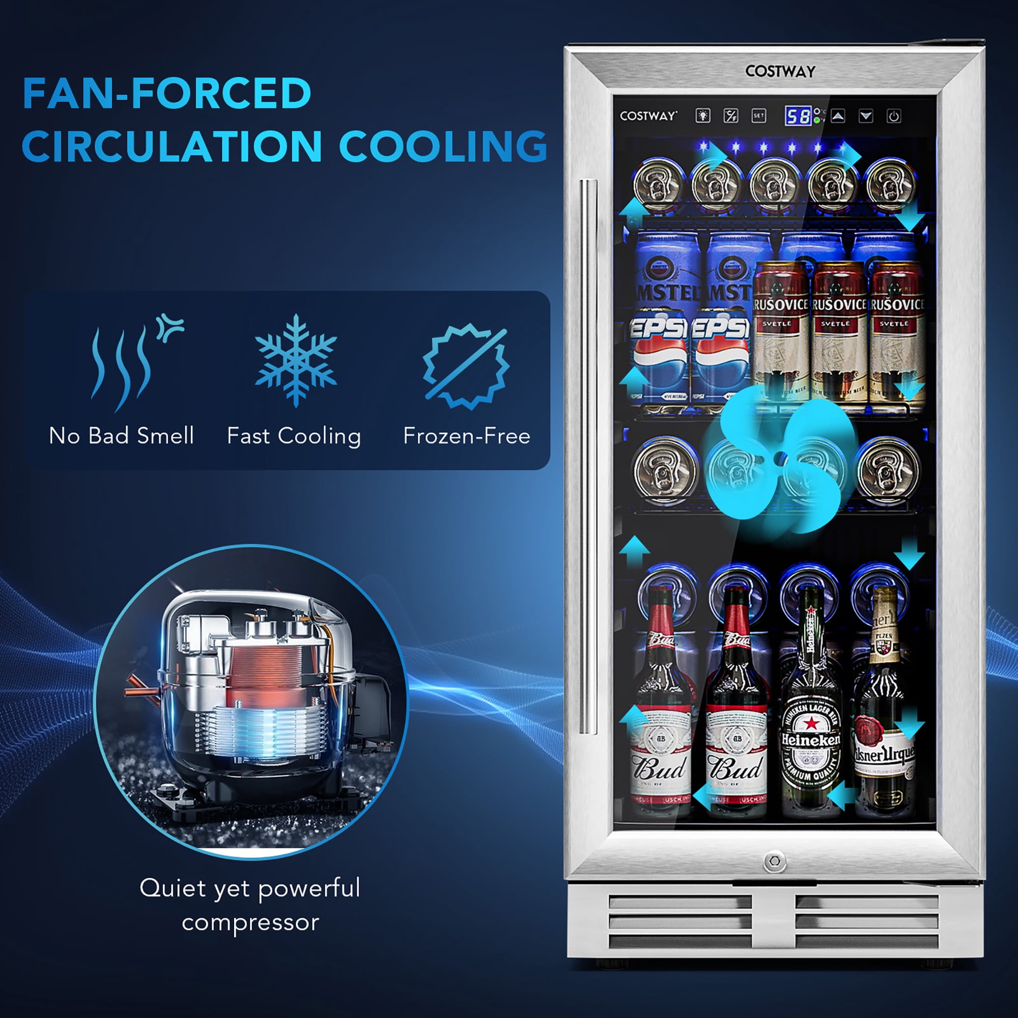Costway 15 Inch Beverage Refrigerator, Built-in Beverage Cooler w/ Double-Layer Tempered Glass Door