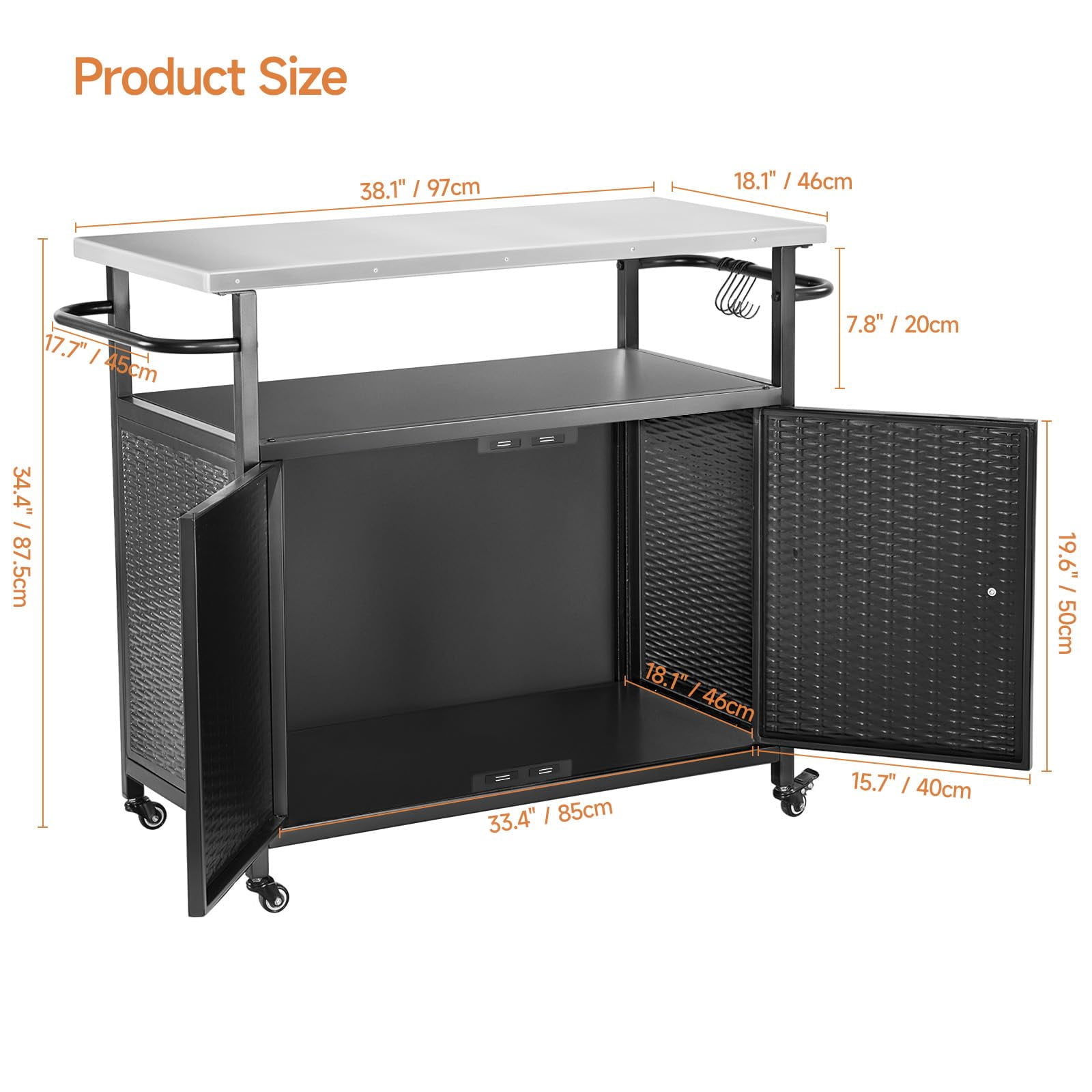 3-Tier Mobile Kitchen Island Cart | Stainless Steel BBQ Prep Table with Wheels, 71 Gal Storage for Outdoor Cooking, Parties & Backyard Fun - Black