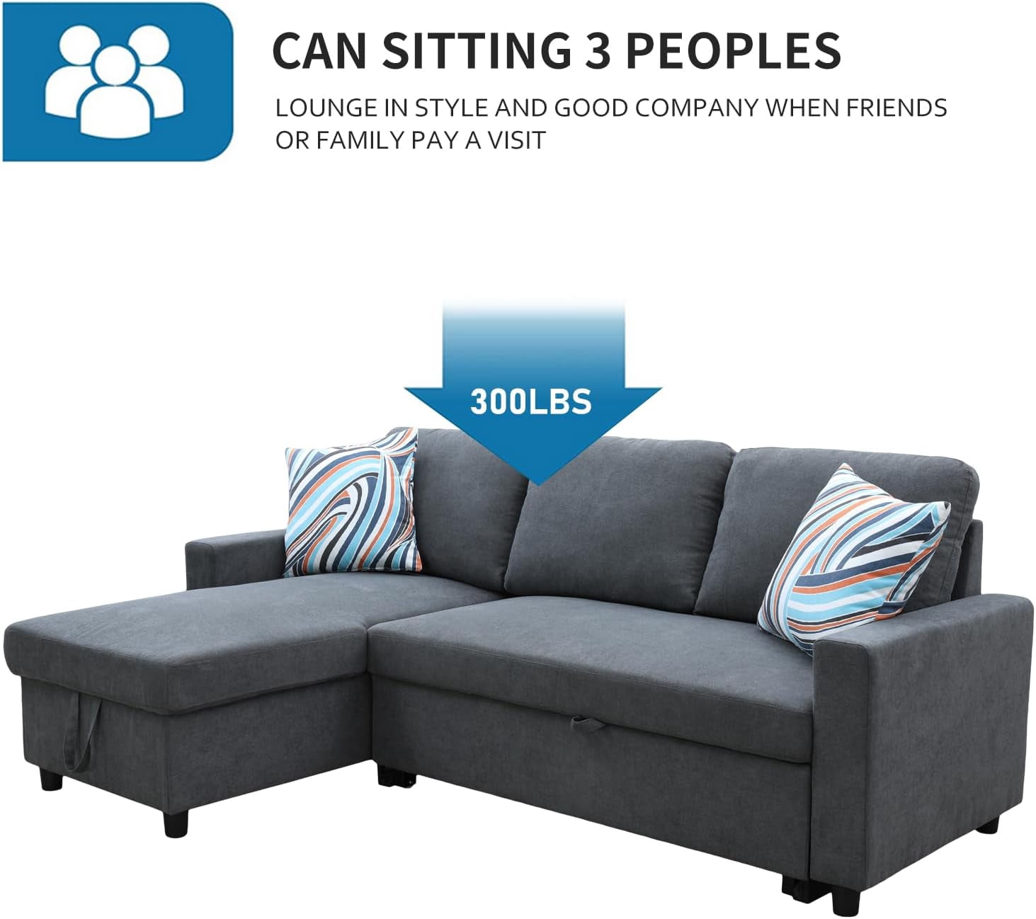 PonLiving 83" Reversible Sectional Sleeper Sofa with Storage Chaise Dark Grey Flannelette - Convertible L-Shaped Couch with Pull Out Bed