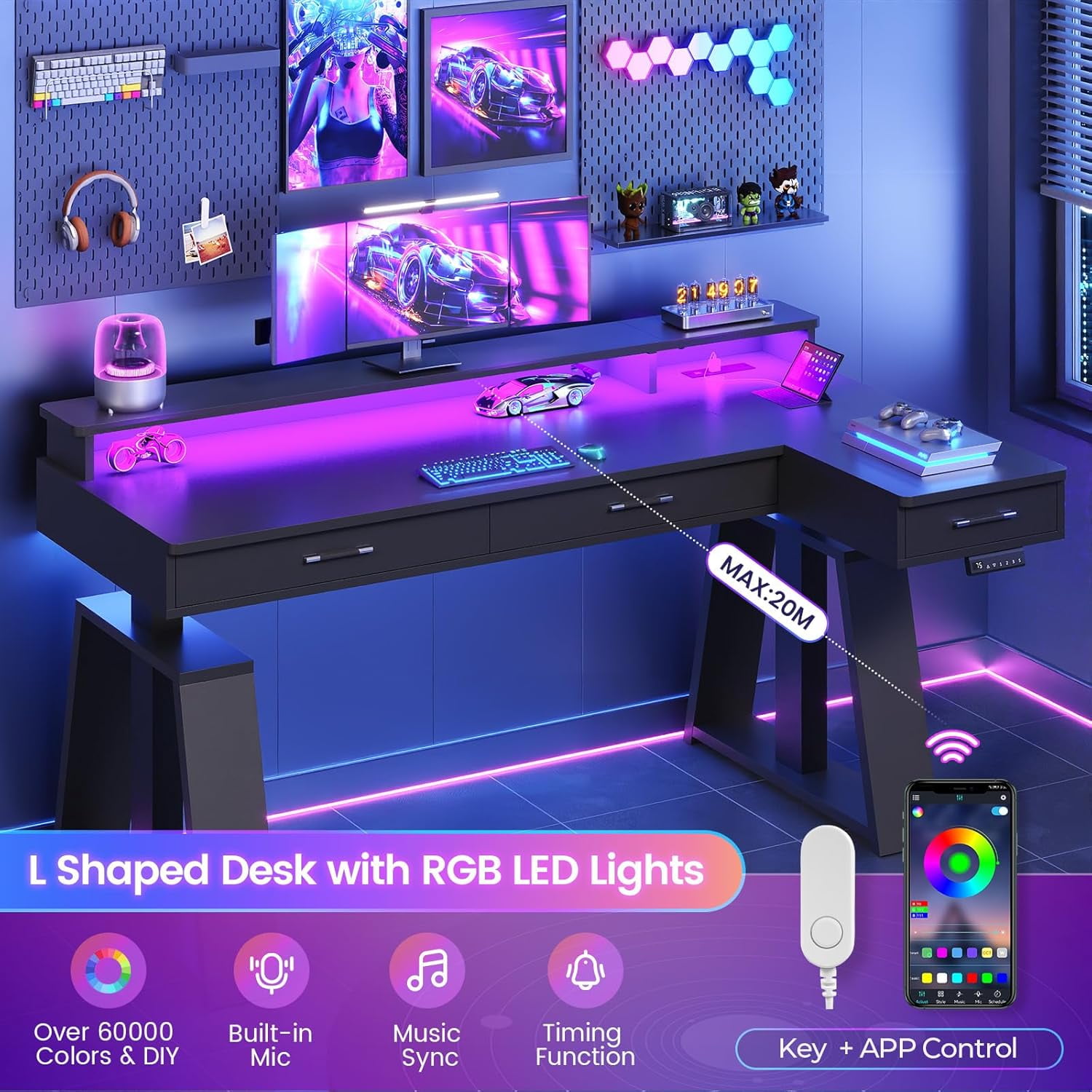 Modern Standing Desk with Drawers, Height Adjustable Computer Desk with Power Outlets, LED Lights & Monitor Stand, Stand Up Corner Gaming Desk, Home Office Desk with Storage, Black