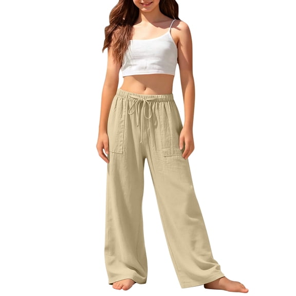 SUXIAN Pants For Kids Breathable Straight Leg Casual Trousers With Elastic Waist Unisex Comfortable Kid Pants Khaki 12-13 Years