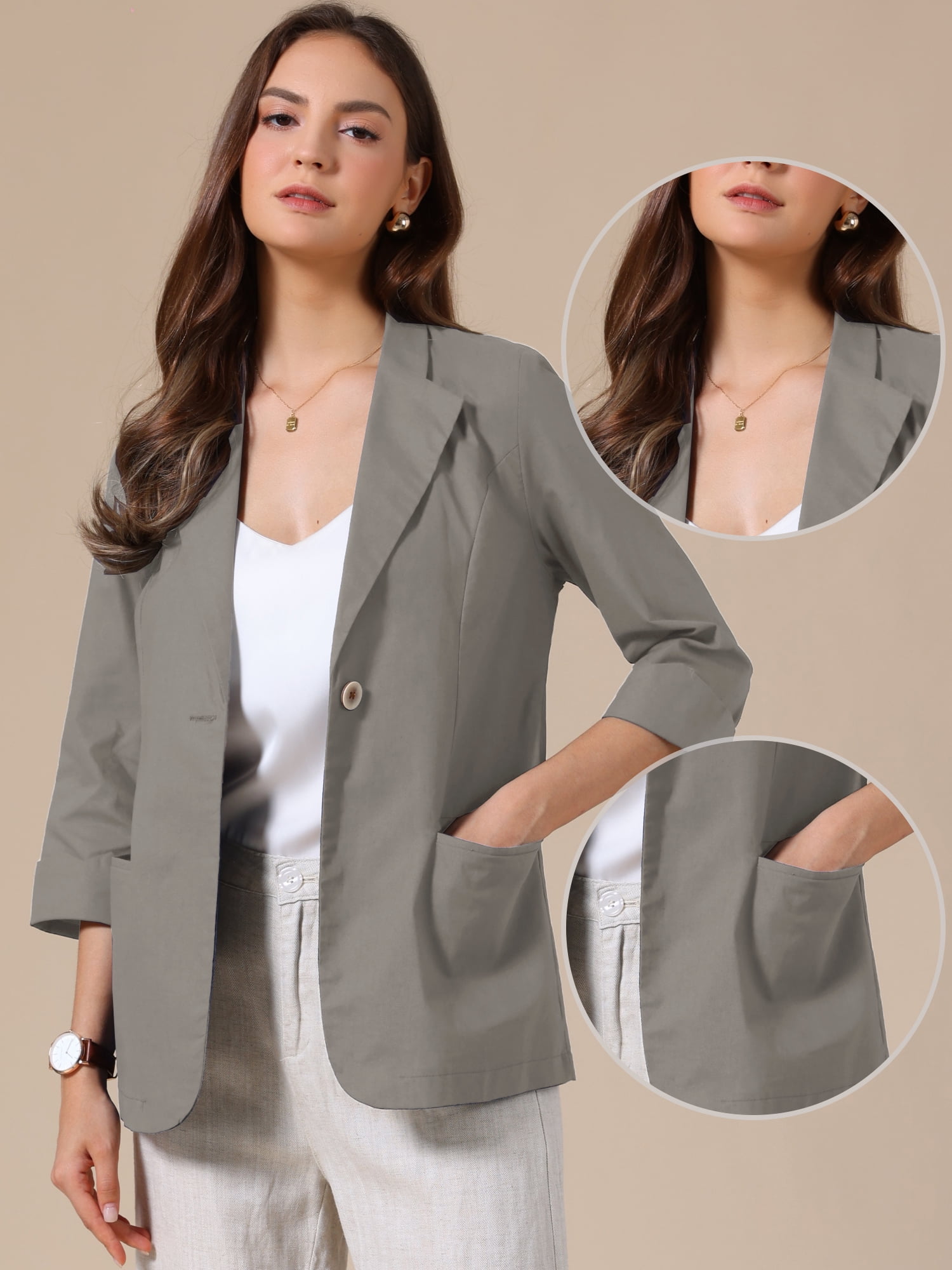 DARING DIVA Women's Cotton Linen 3/4 Sleeve Lightweight Jacket Blazer L Grey